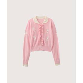 Flower Applique Front Ruffle Cardigan/フロントラッフルフラワーアップリケカーディガン （Pink）