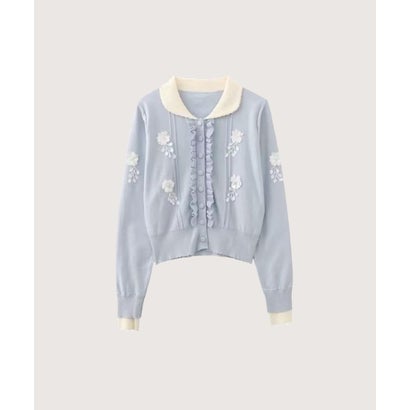 ラポミ プチ LA POMME petit Flower Applique Front Ruffle Cardigan/フロントラッフルフラワーアップリケカーディガン （Blue）｜詳細画像