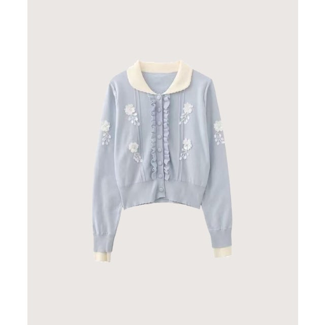 Flower Applique Front Ruffle Cardigan/フロントラッフルフラワーアップリケカーディガン （Blue）