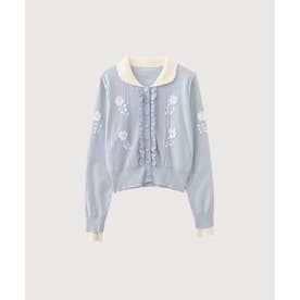 Flower Applique Front Ruffle Cardigan/フロントラッフルフラワーアップリケカーディガン （Blue）