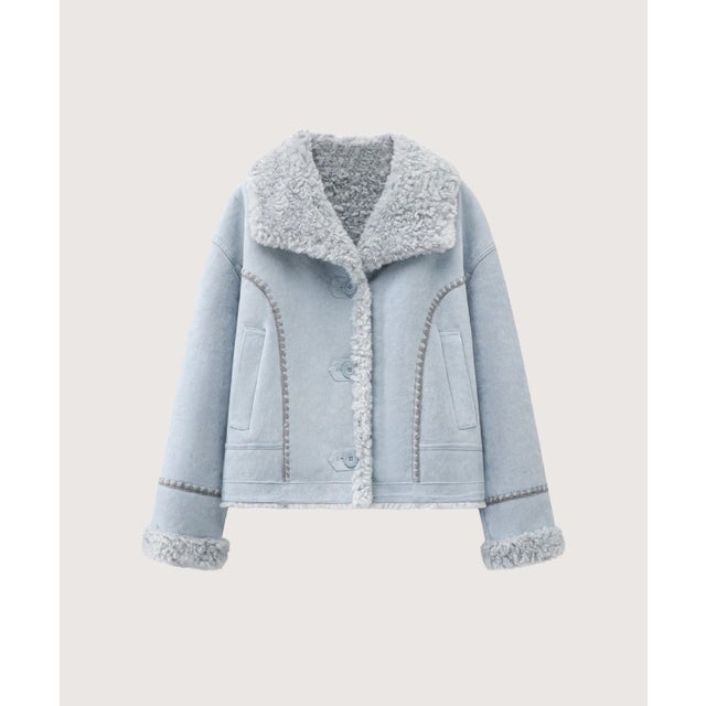Contrast Shearling Collar Faux Suede Jacket/コントラストカラーシアリング襟付きフェイクスエードジャケット （Blue）