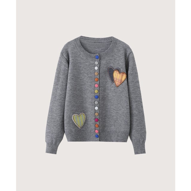 Multi Colored Button Heart Patch Cardigan/マルチカラーハート型ボタンパッチ付きカーディガン （Gray）
