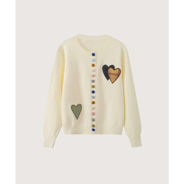 Multi Colored Button Heart Patch Cardigan/マルチカラーハート型ボタンパッチ付きカーディガン （Ivory）