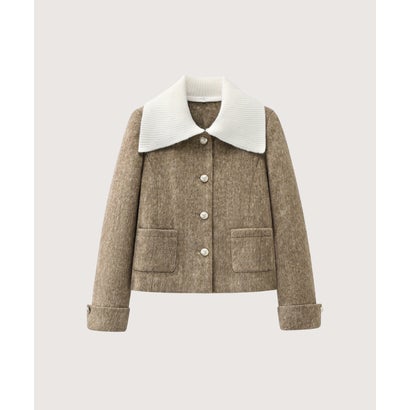 ラポミ プチ LA POMME petit Contrast Knit Collar Cropped Woolly Coat/配色ニット襟クロップド丈ウールコート （Brown）｜詳細画像