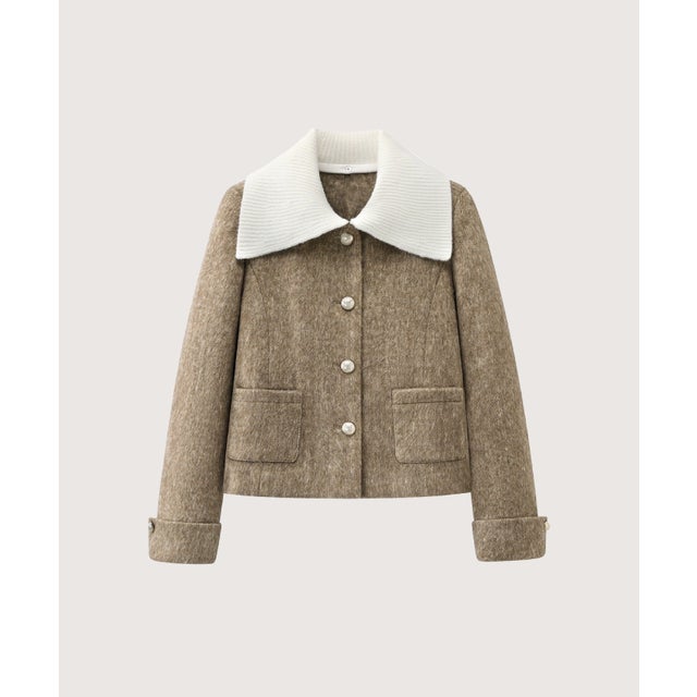 Contrast Knit Collar Cropped Woolly Coat/配色ニット襟クロップド丈ウールコート （Brown）