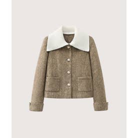 Contrast Knit Collar Cropped Woolly Coat/配色ニット襟クロップド丈ウールコート （Brown）