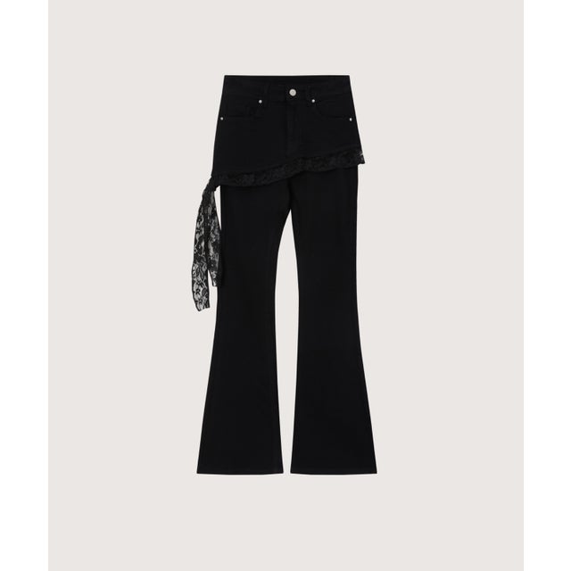 Layer Wrap Skirt Lace Flare Denim Pants/レイヤードラップスカート付きレースフレアデニムパンツ （Black）