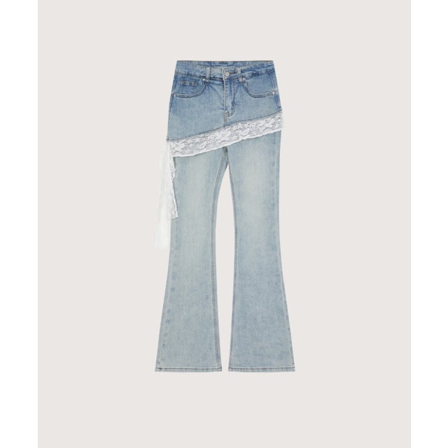 Layer Wrap Skirt Lace Flare Denim Pants/レイヤードラップスカート付きレースフレアデニムパンツ （Blue）