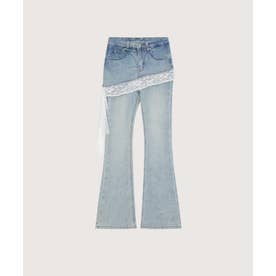 Layer Wrap Skirt Lace Flare Denim Pants/レイヤードラップスカート付きレースフレアデニムパンツ （Blue）