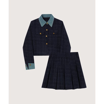 ラポミ プチ LA POMME petit Denim Contrast Tweed Cropped Jacket Set Up/デニムツイードクロップドジャケットセットアップ （Navy）｜詳細画像