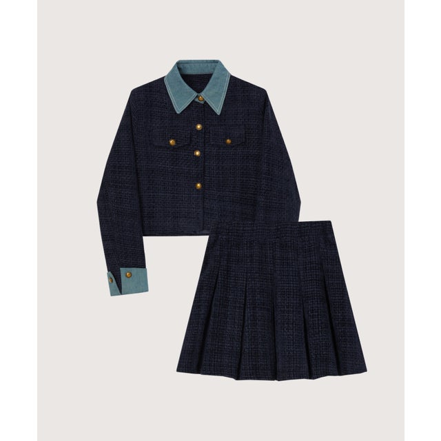 Denim Contrast Tweed Cropped Jacket Set Up/デニムツイードクロップドジャケットセットアップ （Navy）