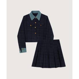 Denim Contrast Tweed Cropped Jacket Set Up/デニムツイードクロップドジャケットセットアップ （Navy）