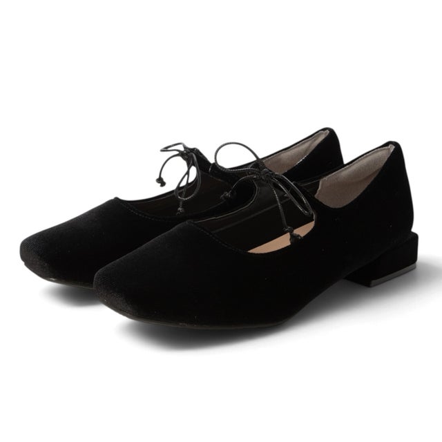 スクエアトゥ リボンローヒールパンプス （BLK/C）