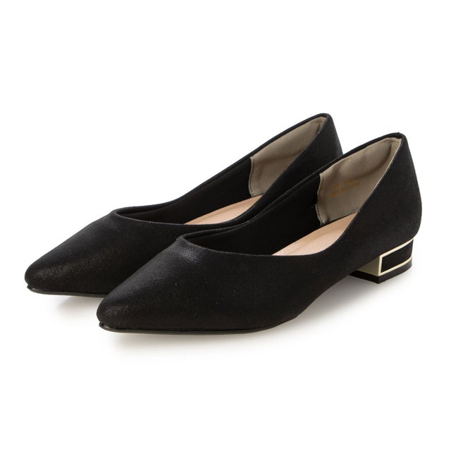 サイドカット ポインテッドトゥ ローヒールパンプス （BLK）