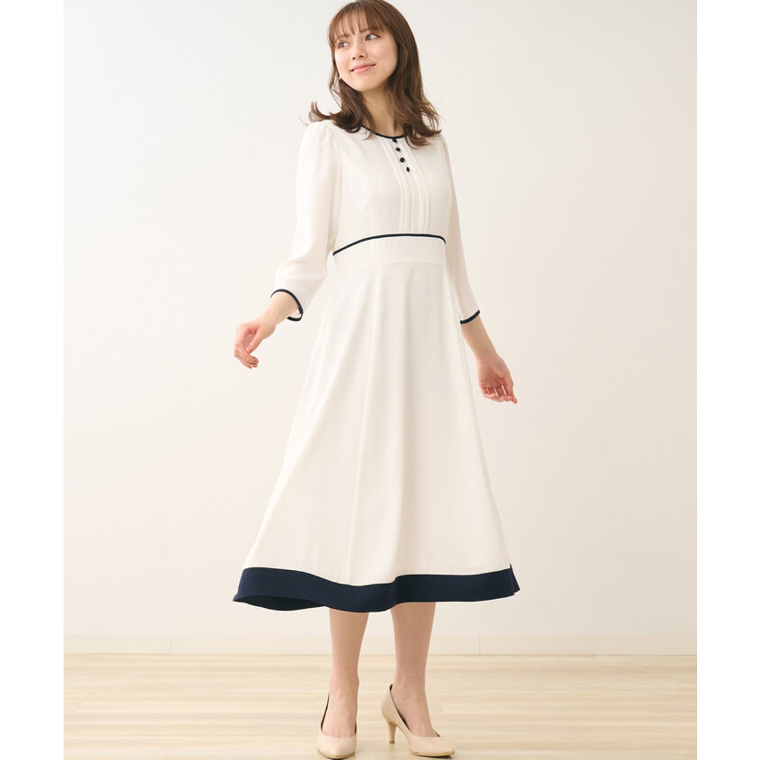 レッセ パッセ LAISSE PASSE フロントボタンバイカラーワンピース 