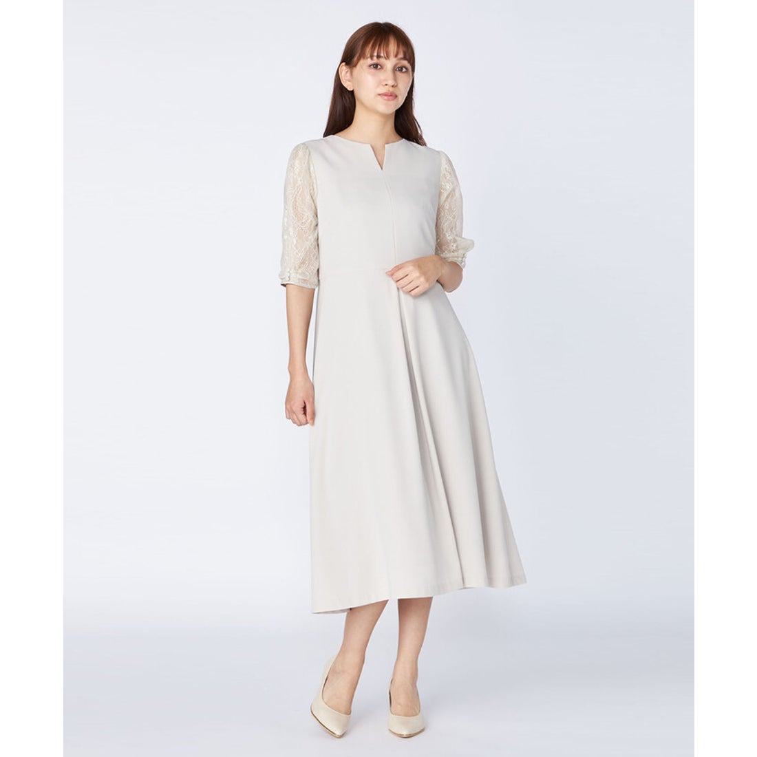 レッセ パッセ LAISSE PASSE 異素材スリーブワンピース （ベージュ 