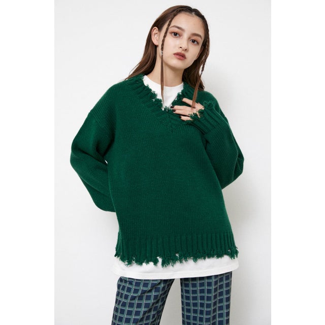 LOOSE V NECK CRASH KNIT TOPS GRN