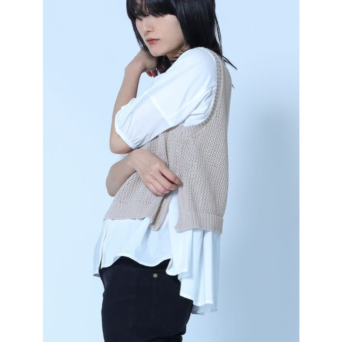 ラシュッド LASUD ニットベストレイヤードブラウス （ライトグレー 