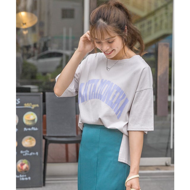 SANTAMONIKA プリントTシャツ ビックシルエット 半袖 サイドスリット ロング丈 チュニック 春 夏 （アイスグレー）