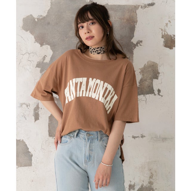 SANTAMONIKA プリントTシャツ ビックシルエット 半袖 サイドスリット ロング丈 チュニック 春 夏 （ブラウン）