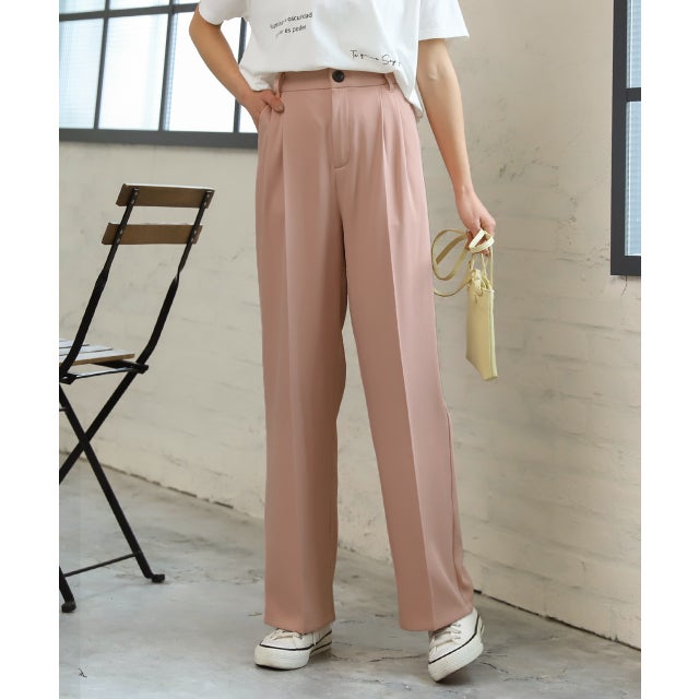 ストレートパンツ センタープレス タック カラー ポケット 後ろゴム 春服 春 （ダークピンク）