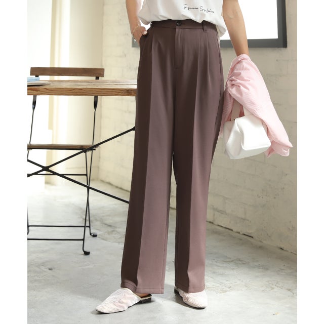 ストレートパンツ センタープレス タック カラー ポケット 後ろゴム 春服 春 （ダークブラウン）