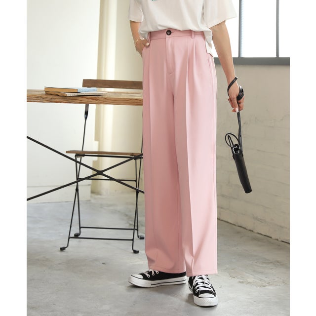 ストレートパンツ センタープレス タック カラー ポケット 後ろゴム 春服 春 （ライトピンク）
