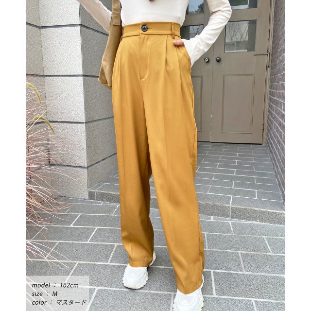 ストレートパンツ センタープレス タック カラー ポケット 後ろゴム 春服 春 （マスタード）