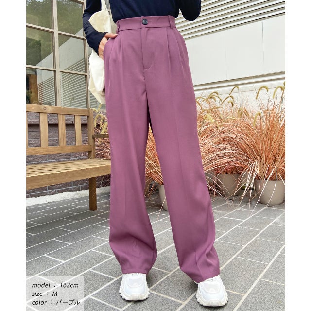 ストレートパンツ センタープレス タック カラー ポケット 後ろゴム 春服 春 （パープル）