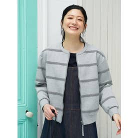 【ストレッチ】レースボーダーのジップジャケット （アッシュグレー）