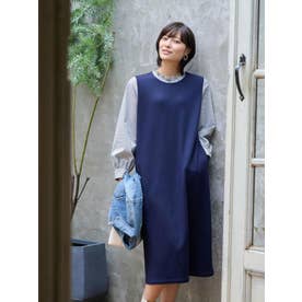 【ストレッチ 洗える】異素材ドッキングワンピース （ネイビー）