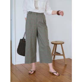 後ろウエストゴム のびのびチェックのワイドパンツ （カーキ系）