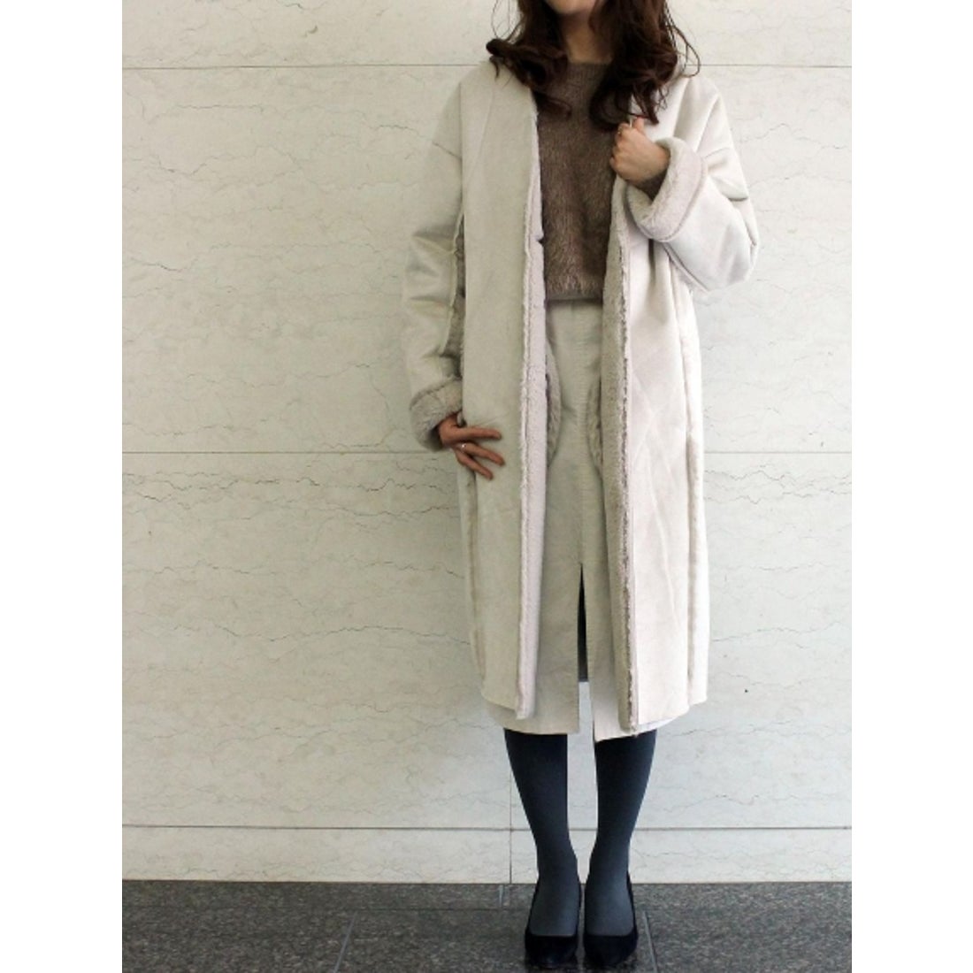 le.coeur blanc フェイクムートンロングコート （アイボリー 