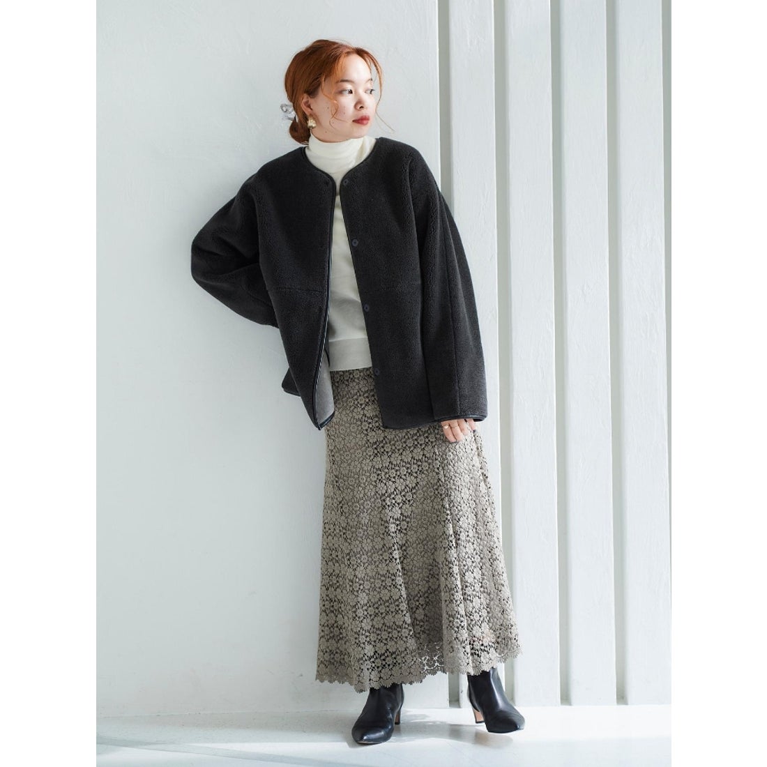 le.coeur blanc リバーシブルフェイクムートンジャケット（ホワイト