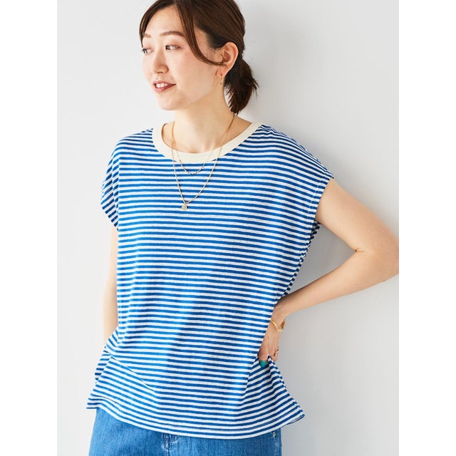 麻混ボーダーTシャツ （ブルー）