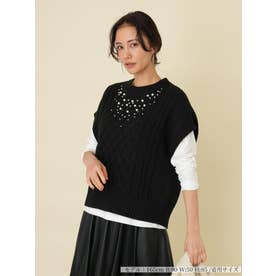ビーズ刺繍ケーブルニットベスト【NEMIKA】 （ブラック）