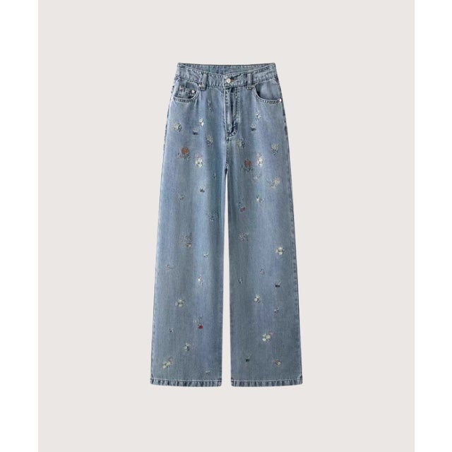 Floral Embroidery Denim Pants （Blue）