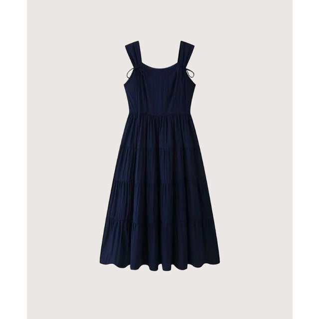 Navy Bow Strap Tiered Midi Dress （Navy）