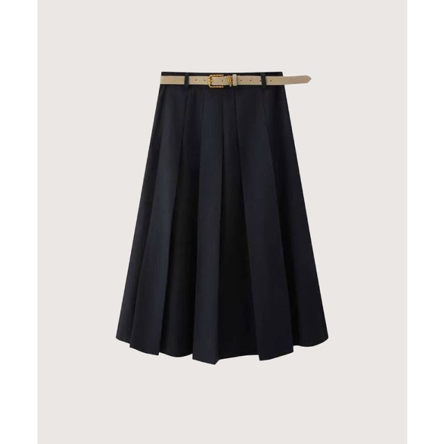 Elegant Pleats Skirt With Belt （Dark Navy）