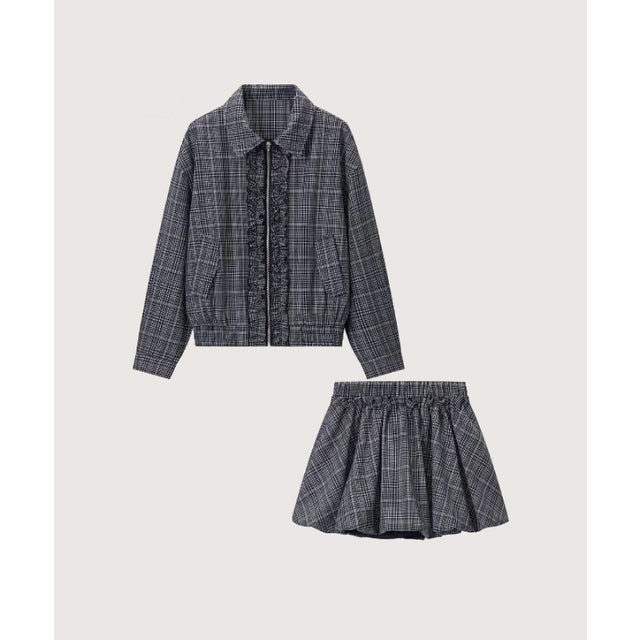 Plaid Ruffle Zip Jacket Bubble Skirt Set Up （Navy）