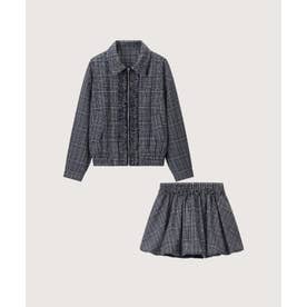 Plaid Ruffle Zip Jacket Bubble Skirt Set Up （Navy）