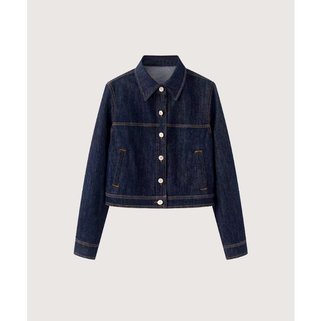 Cropped Lapel Denim Jacket （Blue）