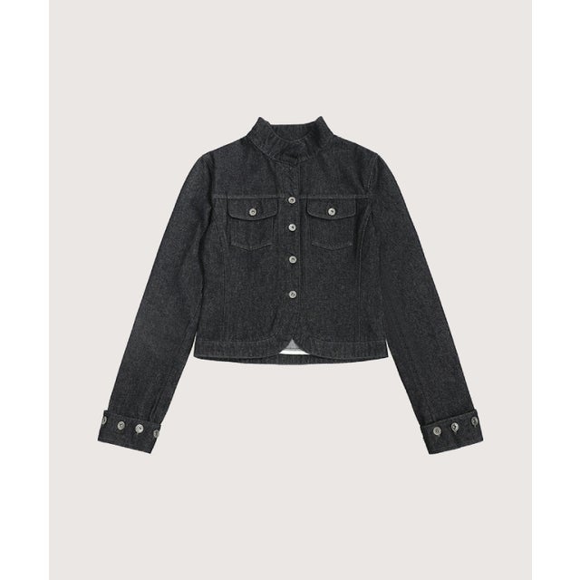 Cropped Half Collar Denim Jacket （Blue）