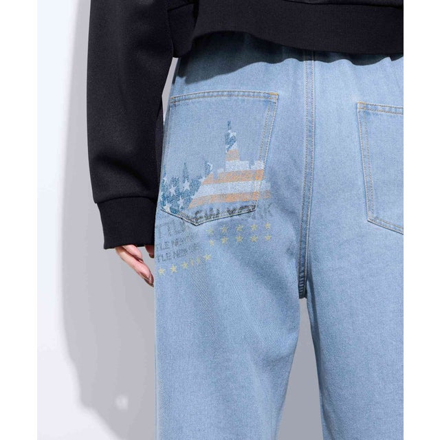 バックプリントデニムワイドパンツ （ブルー）
