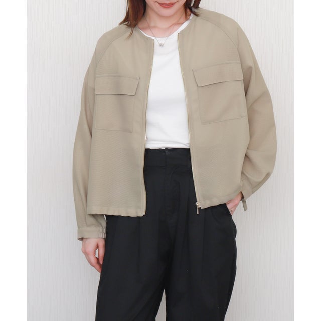 メッシュジャガードノーカラーブルゾン （ベージュ）