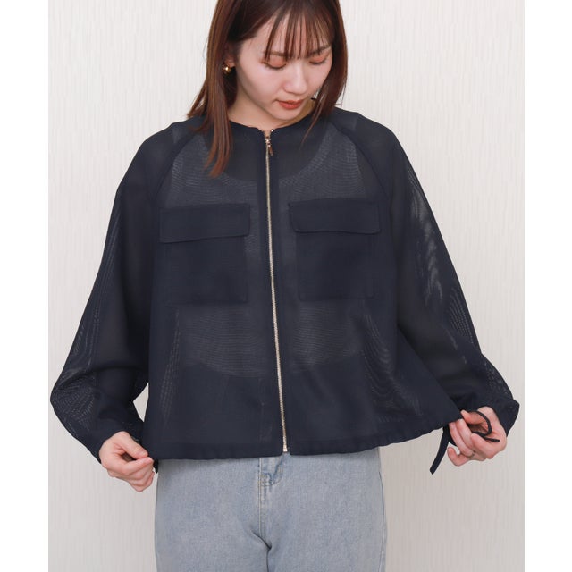 メッシュジャガードノーカラーブルゾン （ネイビー）