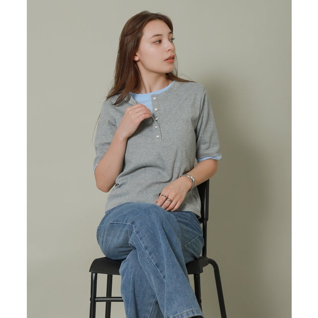 配色ヘンリーネックレイヤードTシャツ （杢グレー）