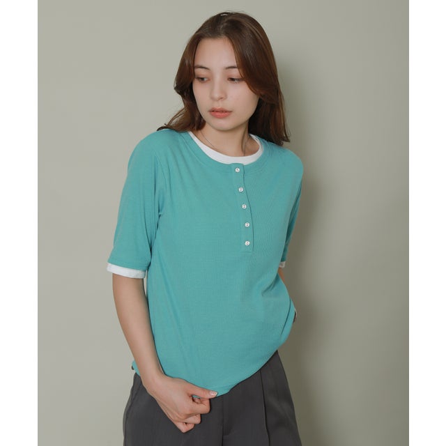 配色ヘンリーネックレイヤードTシャツ （グリーン）