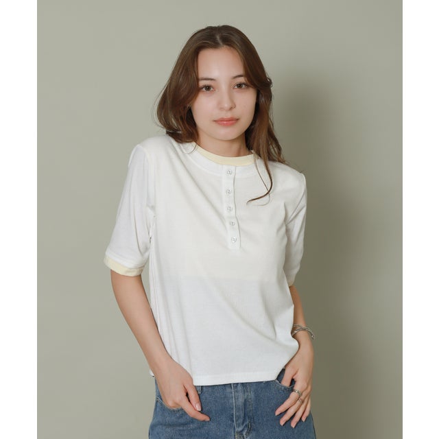 配色ヘンリーネックレイヤードTシャツ （オフ）