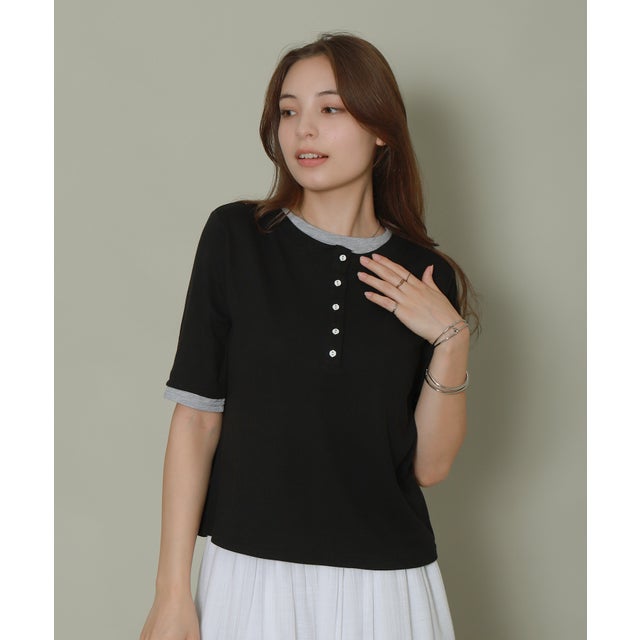 配色ヘンリーネックレイヤードTシャツ （クロ）